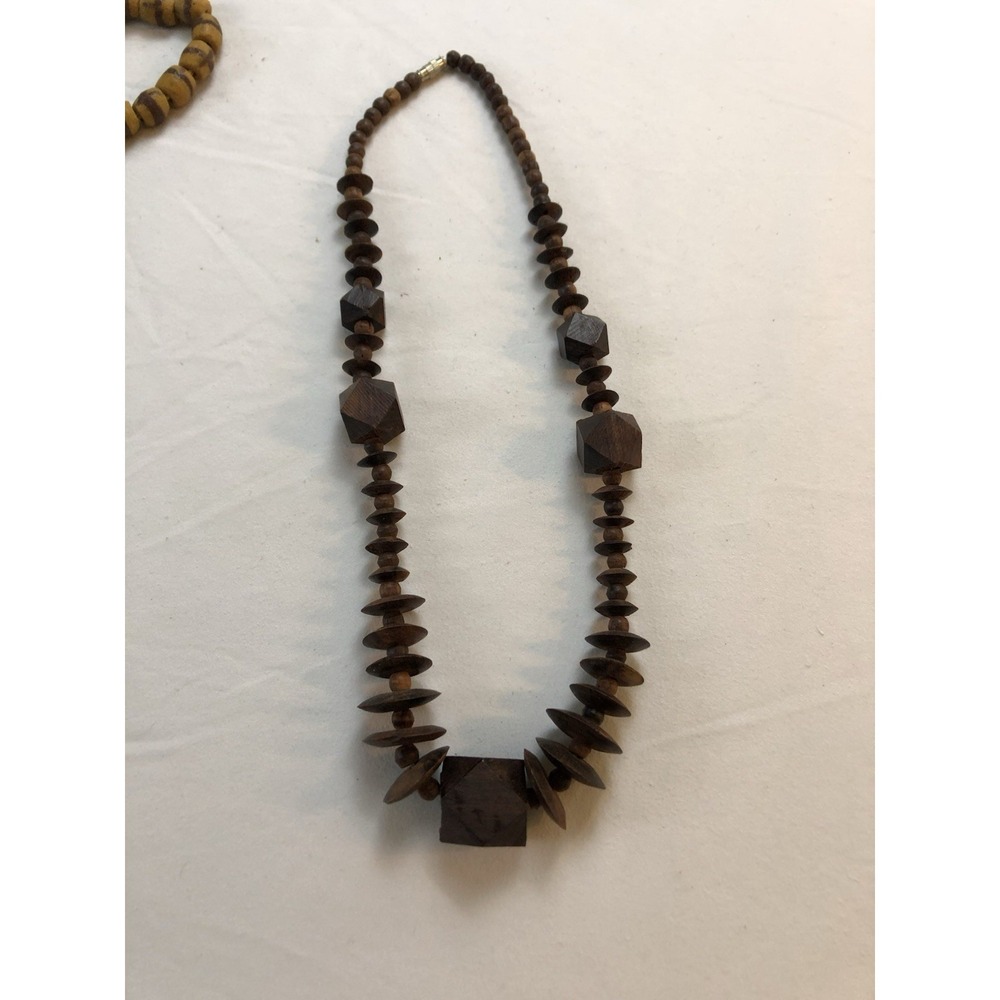 Vintage Handcrafted Dark Wood Beaded Statement Necklace Geometric Boho Artisan
